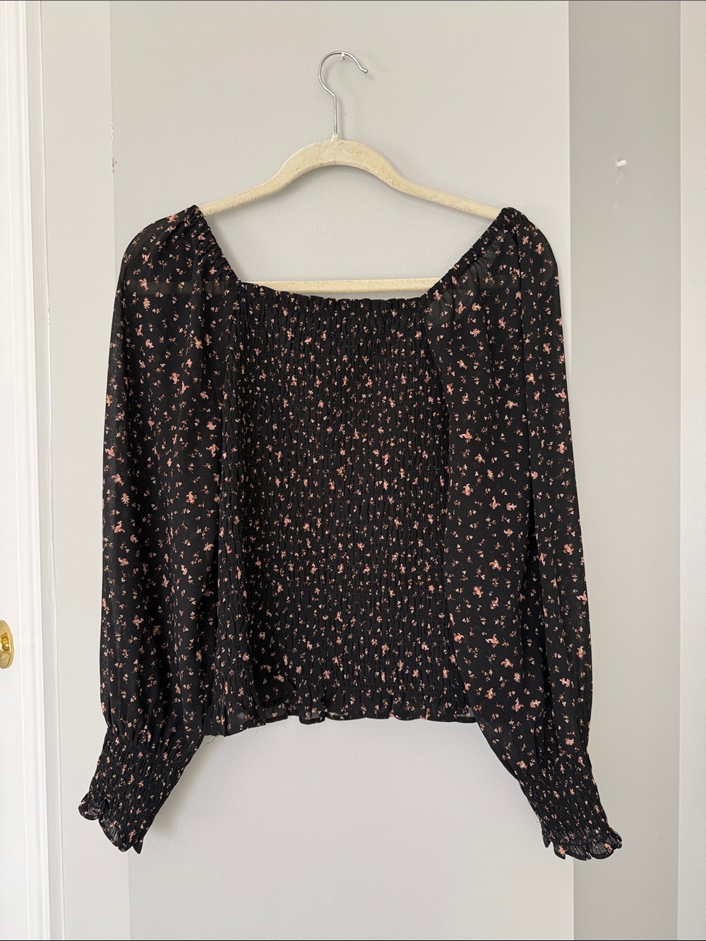 Madewell Black Floral Smocked Square-Neck Long-Sleeve Top - Picture 3 of 5